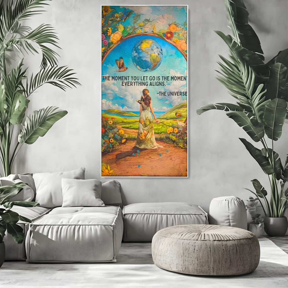 Tablou canvas cu tablou canvas cu femeie pe poteca si glob pamantesc, in rama de aluminiu argintiu, pe perete intr-un living